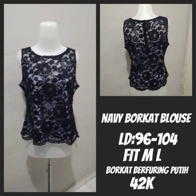 Baju Atasan Blouse Borkat Navy Furing Soft Polyester Putih