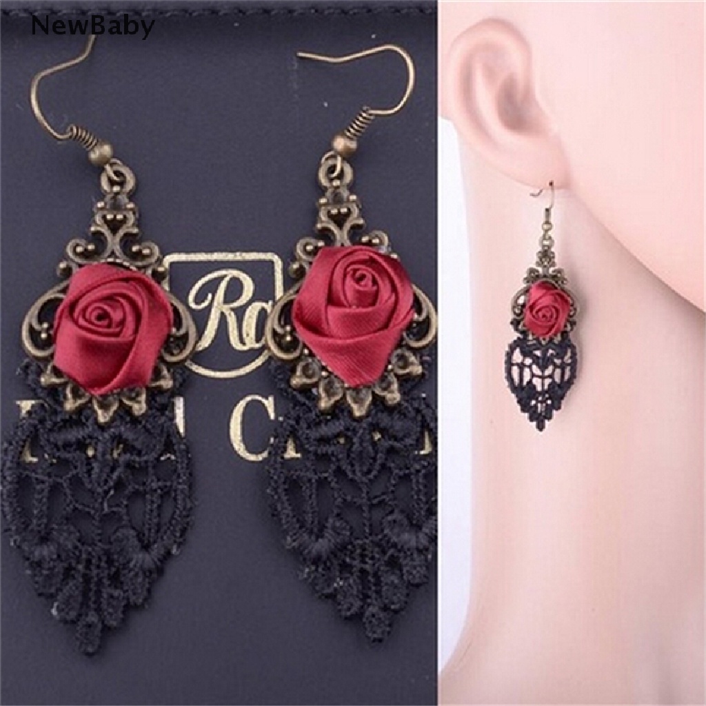 Newbaby 1pc Anting Gantung Panjang Kait Gaya Gothic Victoria Retro Vintage Aksen Lace Untuk Wanita