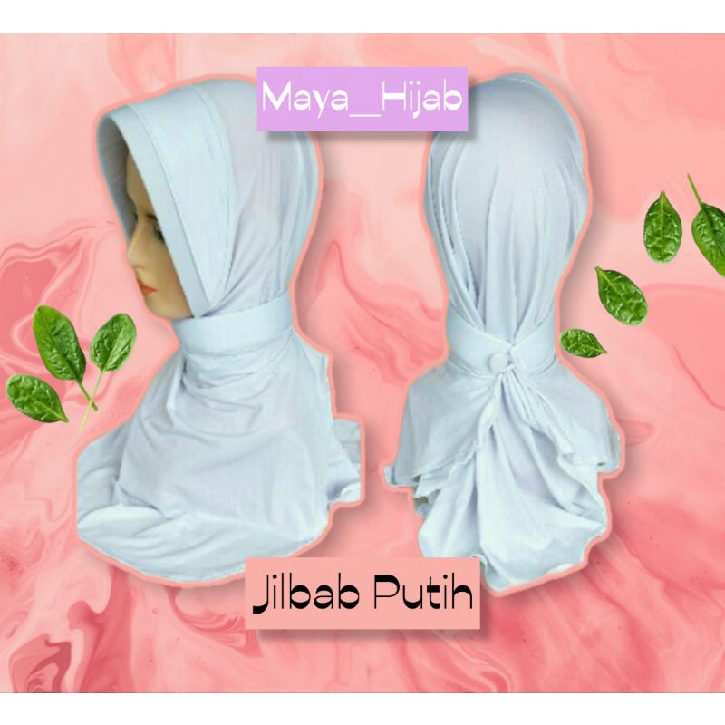 Jilbab instan warna putih / Jilbab putih pet tumpuk leher kancing