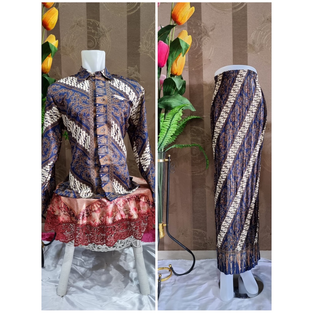 Kemeja Couple Rok Plisket Lengan Panjang | Sale Kemeja Premium | Kemeja Semi Sutra | Couple Rok Plisket dan Kemeja HEM Batik dan Rok Plisket Batik Maxi JUMBO