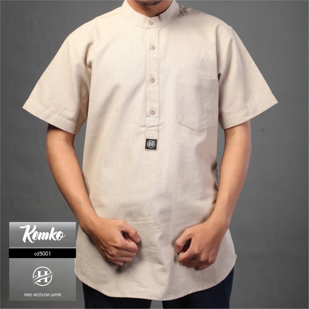 HMS kemeja lengan pendek linen kemeja katun pria warna creem asrt seri CD3001