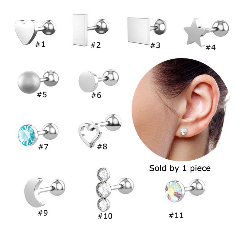 1 Piece Hypoallergenic Stainless Steel Heart Star Moon Shape Earring Stud Helix Lobe Piercing 16 Gauge