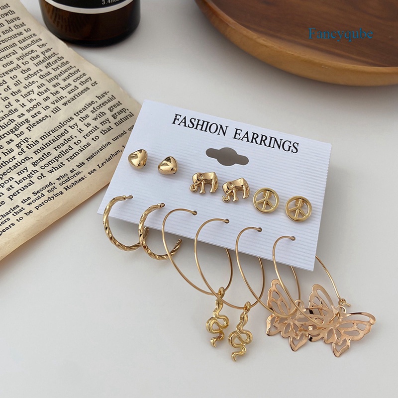 Fancyqube 6 Pasang / Set Anting Stud Liontin Kupu-Kupu Lingkaran Rumbai Mutiara Gaya Bohemian Untuk Wanita