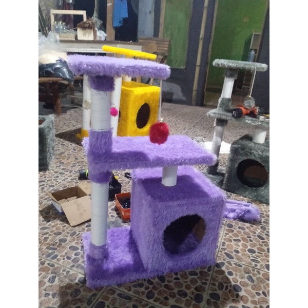 Cat tree house rumah tempat bermain kucing 2 tingkat murah bulur rasfur lembut dan nyaman-abu