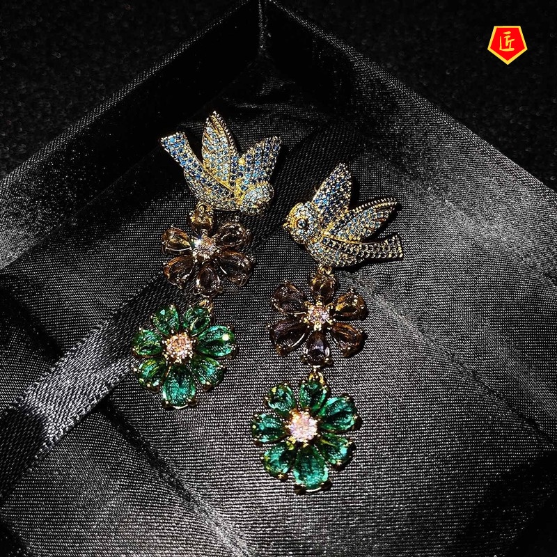 [Ready Stock]Luxury Vintage Flower Full Diamond Bird Earrings