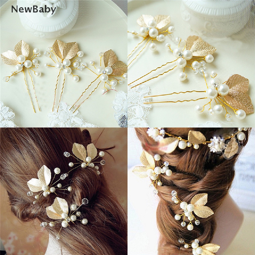 Newbaby 4PCs Jepit Rambut Bentuk Daun Emas Hiasan Mutiara Untuk Pengantin Wanita