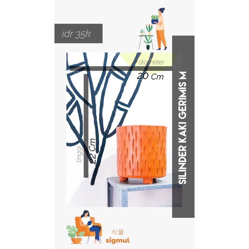 Pot Terakota / Pot Gerabah / Pot Teracotta / Tanah Liat Silinder Kaki Gerimis M