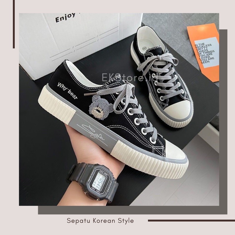 (NEW) Sepatu Sneakers Canvas Wanita Import Korea Why Bear Black Grey / Sepatu Korean Style Free Box