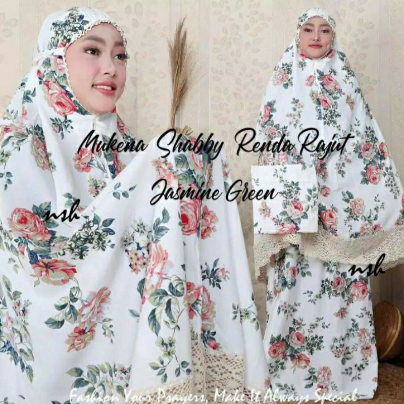 Mukena dewasa katun jepang RENDA rajut jasmine green quincy warna renda krem,hitam,hijau (Bisa COD)