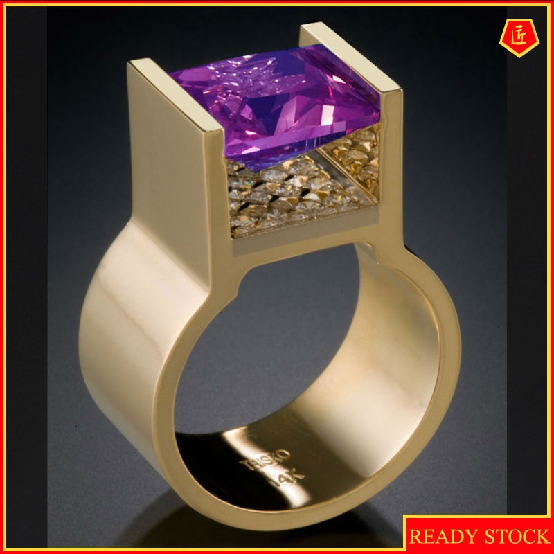 [Ready Stock]Creative Gold Inlaid Purple Crystal Square Diamond Ring