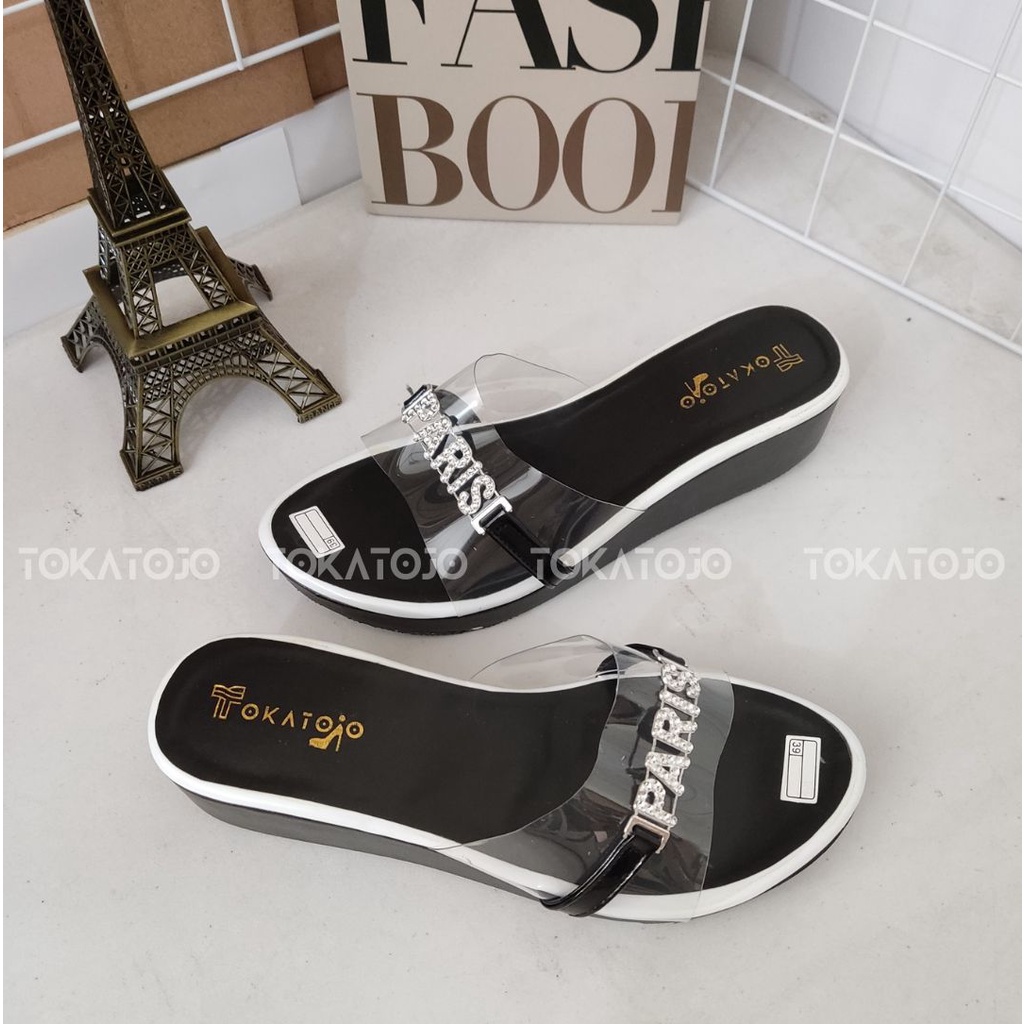 Sandal wedges wanita motif paris new fashion korea terbaru kekinian 2022 Sandal wedges wanita pesta terbaru cute Sandal wedges wanita kasual terbaru di jamin cantik harga murmer