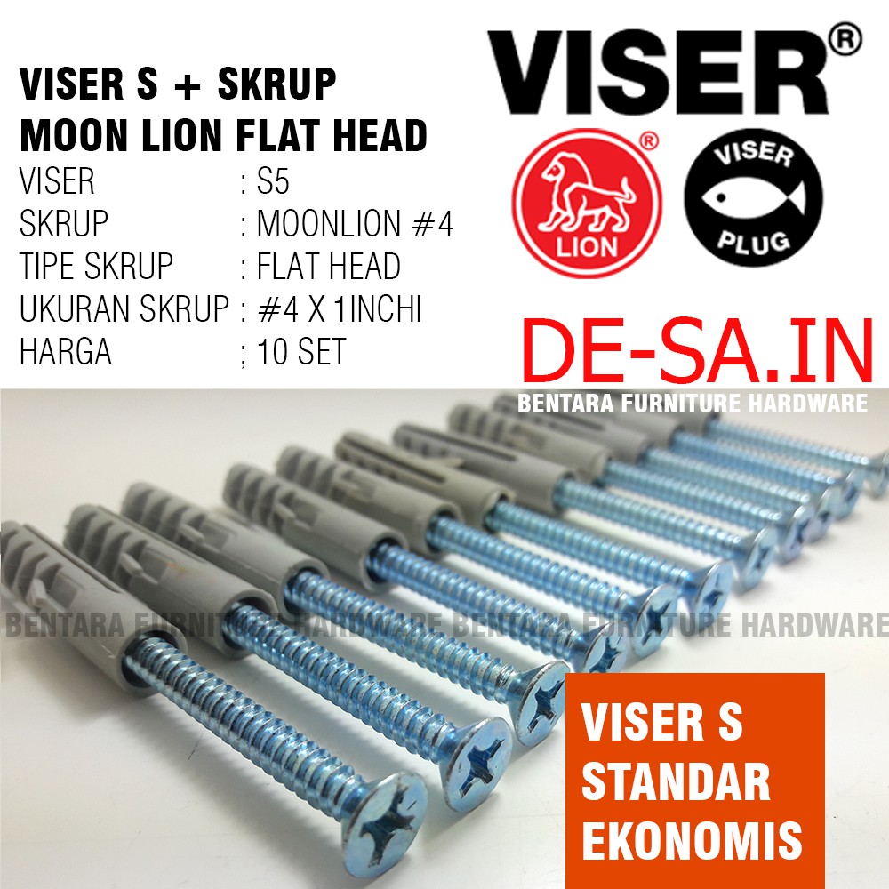 10 x Viser S5 + Screw Flat Head Moon Lion #4 x 1&quot; - Skrup Angkur Dinding Tembok Sekrup