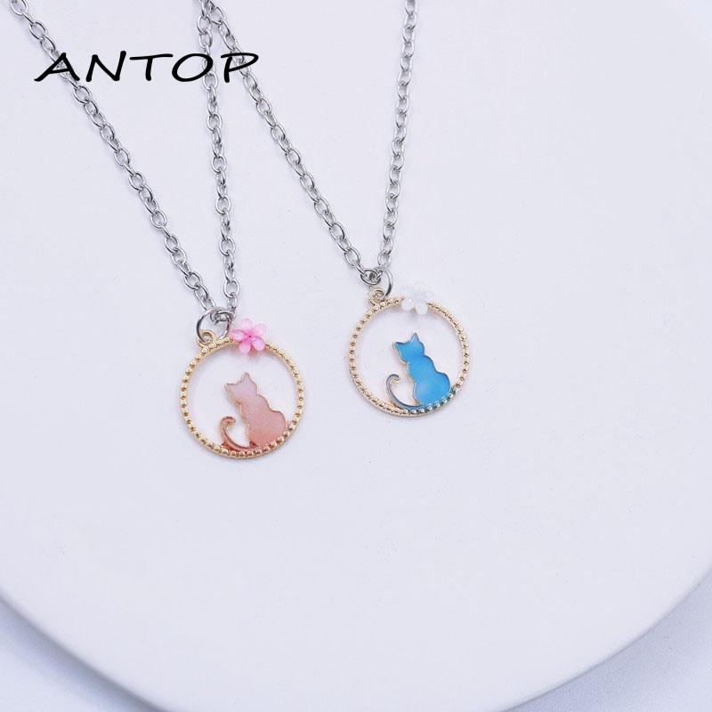 1 Pcs Kalung Titanium Wanita Lingkaran Anak Kucing Biru Merah Jambu Pasangan Teman Perhiasan ANTOP