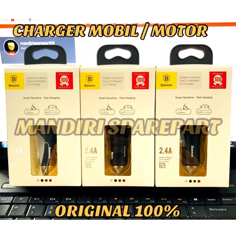 Baseus Charger Mobil Motor Baseus Golden contactor Dual output Fast Charging 2.4A Hitam100%
