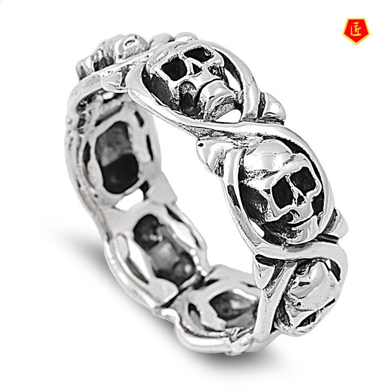 [Ready Stock]Creative Retro Silver Full Circle Skull Ring Halloween Ornaments