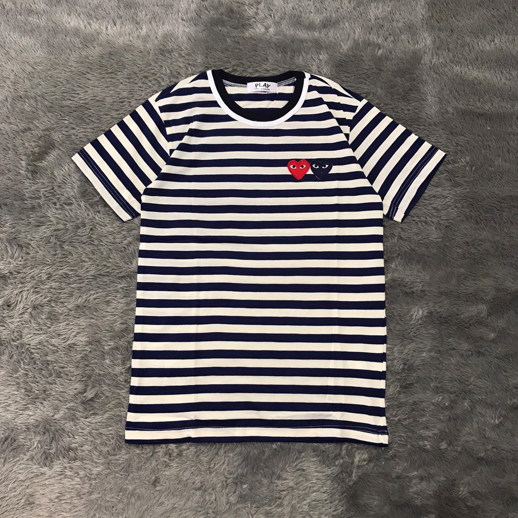 Kaos Play CDG Stripe Double Hearts Logo Bordir Premium