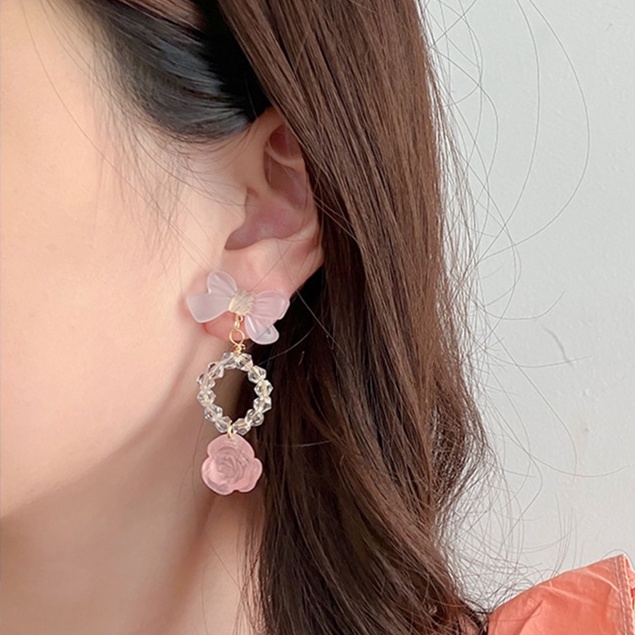 2023trend Baru fashion Anting Mutiara Merah Muda Perempuan Cinta Busur Anting Bunga