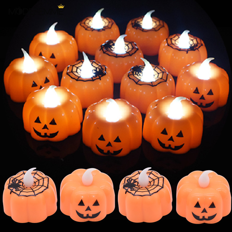 1pc Lampu Lilin Led Elektronik Bentuk Labu Warna Warm White Untuk Dekorasi Halloween