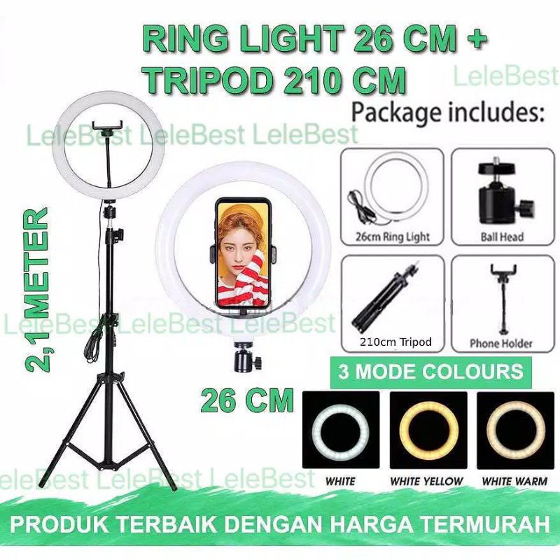 Paket Komplit RINGLIGHT Lampu  Rias 26CM + TRIPOD 2,1 M + Remote + Holder HP / LAMPU RINGLIGHT