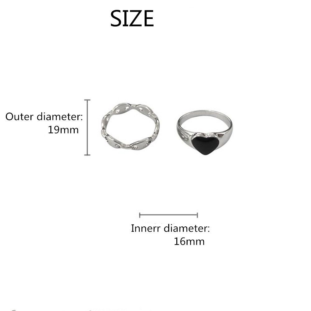 2pcs Cincin Jari Telunjuk Desain Hati Hitam Model Hollow Warna Silver Untuk Aksesoris