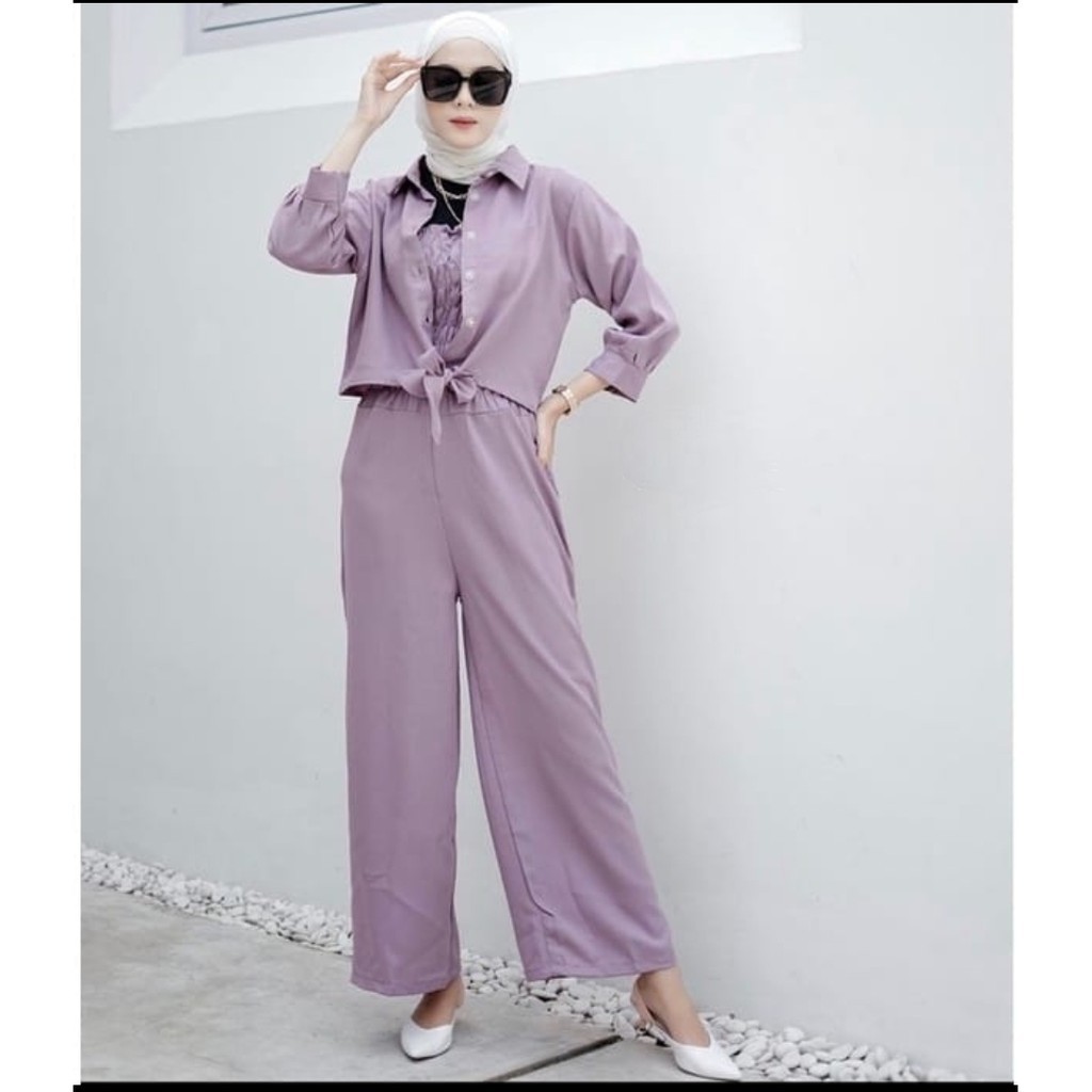 BAJU SETELAN WANITA MODEL KOREA TERBARU SETELAN JUMPSUIT ANNORA ONE SET 2IN1 MOSCREPE PREMIUM