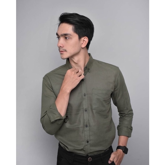 Kemeja Pria Cowok Polos Tangan Lengan Panjang HeM Slimfit Casual Kantoran Murah Premium Hijau Army