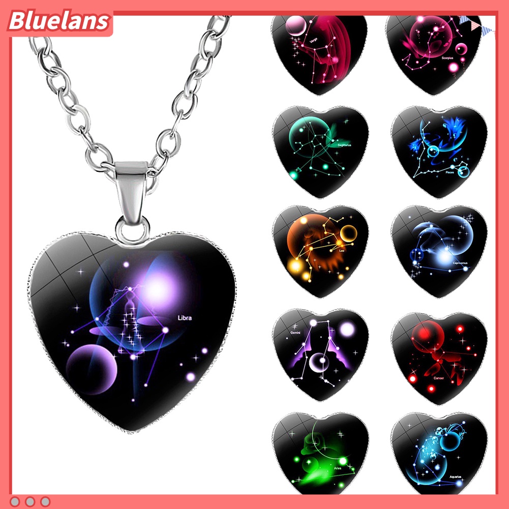 Bluelans Love Heart Necklace Fashion Charming Glass 12 Zodiac Constellations Sign Pendant for Women