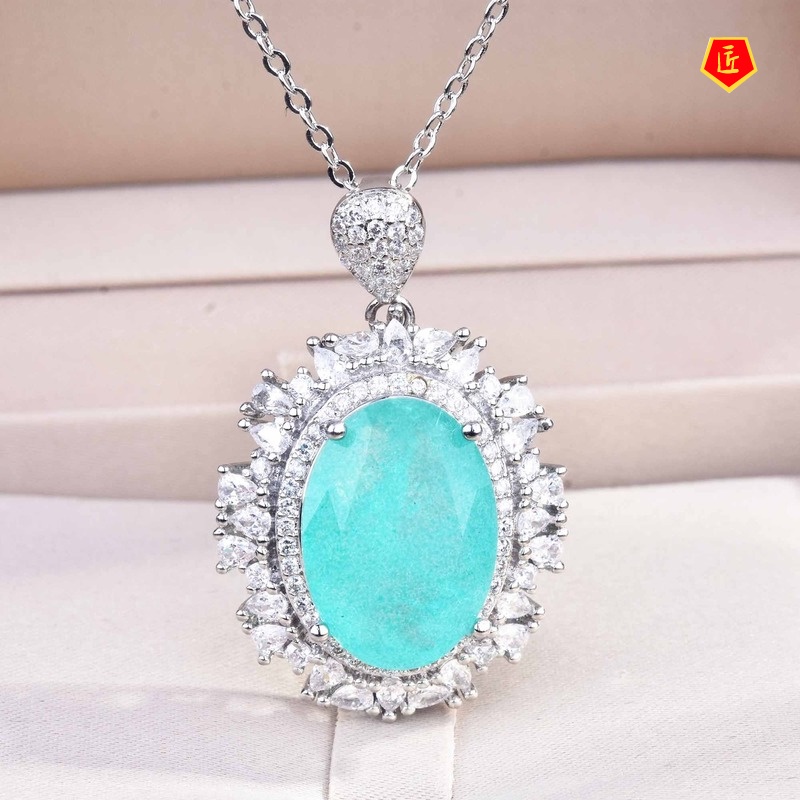 [Ready Stock]Natural Paraiba Necklace Luxury Gems Stud Earrings Jewelry Set