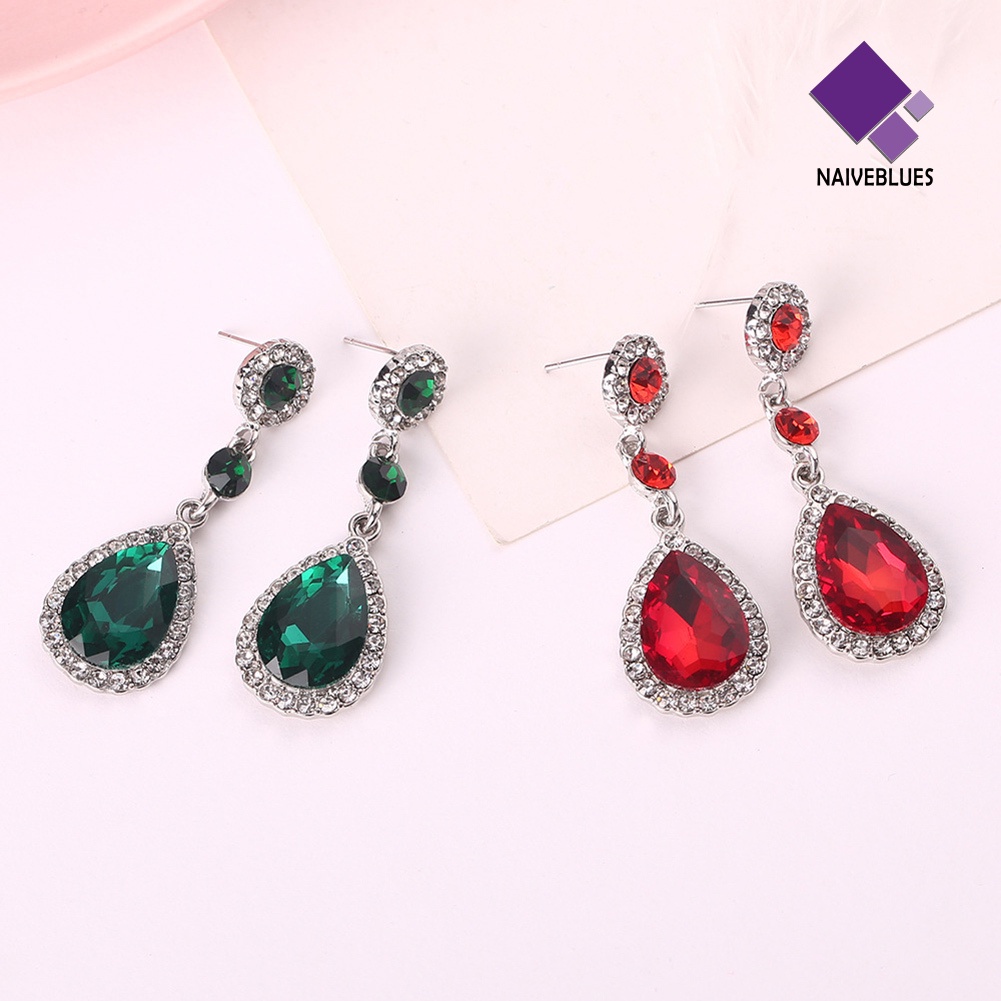 Anting Stud Panjang Bentuk Waterdrop Aksen Berlian Imitasi Untuk Wanita