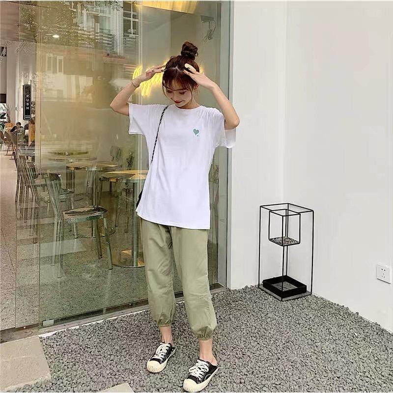 [littlecrab] Setelan Wanita Daily Set One Set Oversize Hijau Hati Love Selebgram Korean Style Baju 1 Set Kaos Celana Karet Lembut Berkualitas