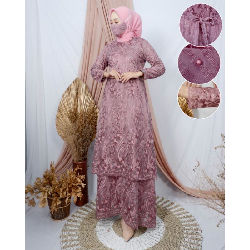 Gamis Brukat Jumbo - Gamis Brukat Malaysia - Gamis Brukat Terbaru  (FREE HIJAB)-Dusty Ungu(Dusty2)