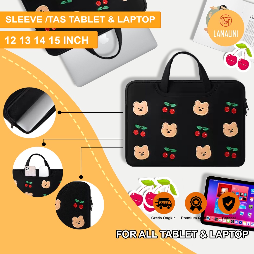 Sleeve Pouch Sarung Tas Bag Case Ipad Tab Tablet Macbook Air Pro Laptop Asus Acer Lenovo HP Huawei 11 12 13 14 15 inch Motif Gambar Beruang Bear Cherry Cery Warna Hitam Merah Black Red Lucu Cute Murah Korean Model Tali Jinjing Banyak Slot Ruang Stationary