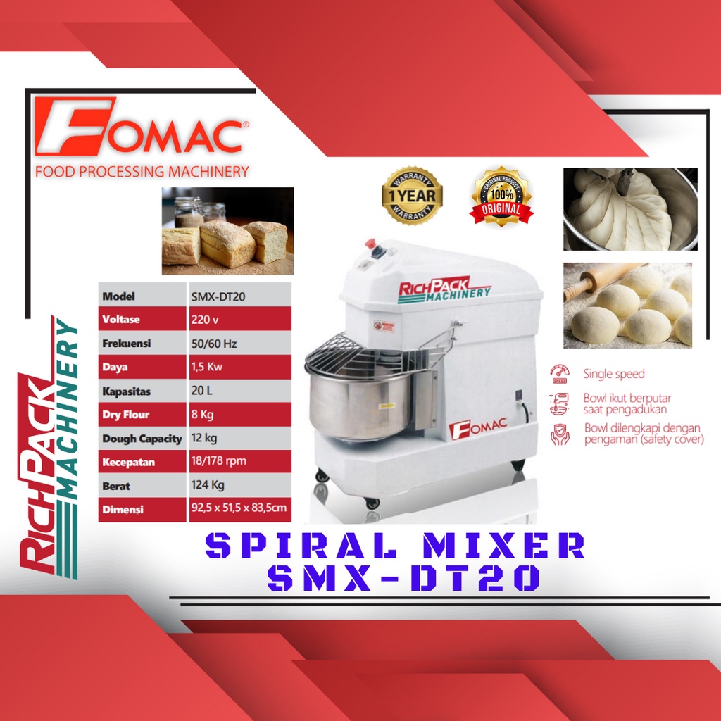 SPIRAL MIXER MESIN PENGADUK ADONAN SPIRAL 20 Liter SMX-DT20 FOMAC