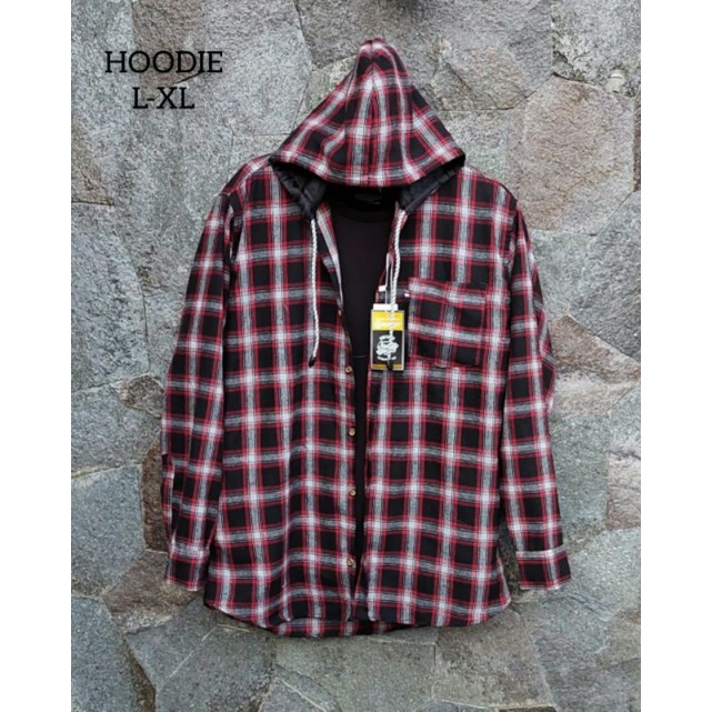 Kemeja flanel hoodie lengan panjang pria wanita kemeja hoodie jaket kuliah kotak kotak premium