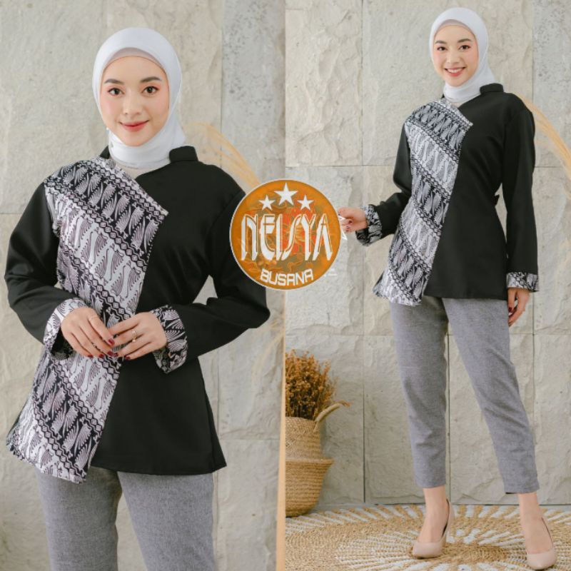 tey-17 Batik wanita ASJ SA HRB026 Kenongo Kemeja Tosca Pendek-Ayya Putih