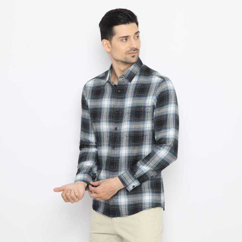 RICARDO kemeja pria kotak2  biru lengan panjang 32244