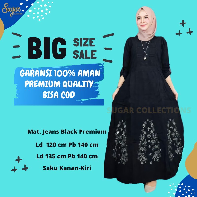 (LD 120-135) Gamis Jeans Jumbo Model Big Size Dress Kekinian Kancing Aktif Saku Kanan Kiri