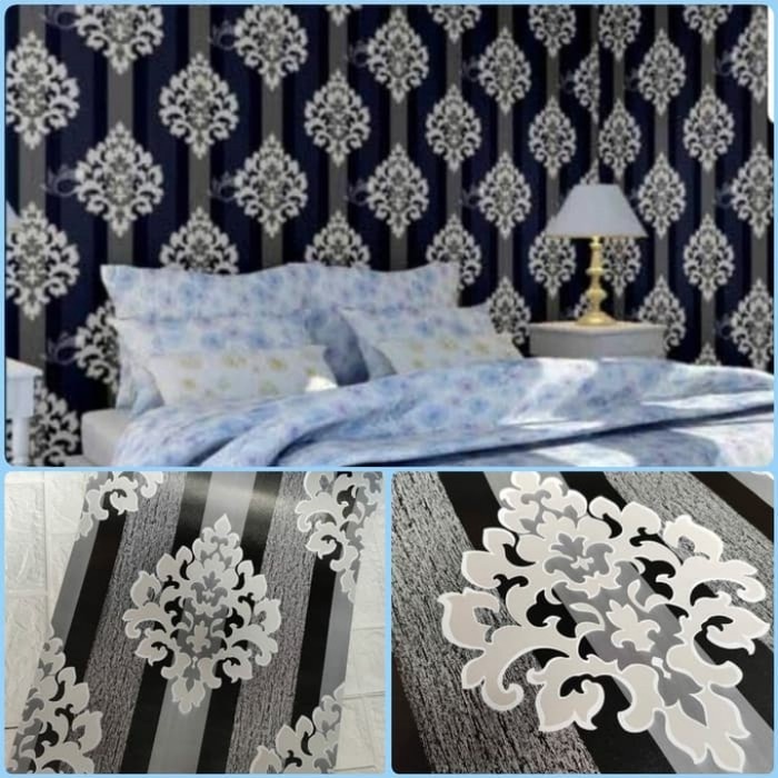 Wallpaper Dinding Stiker Motif Batik Salur Hitam Elegant Ukuran 45 cm x 10 m