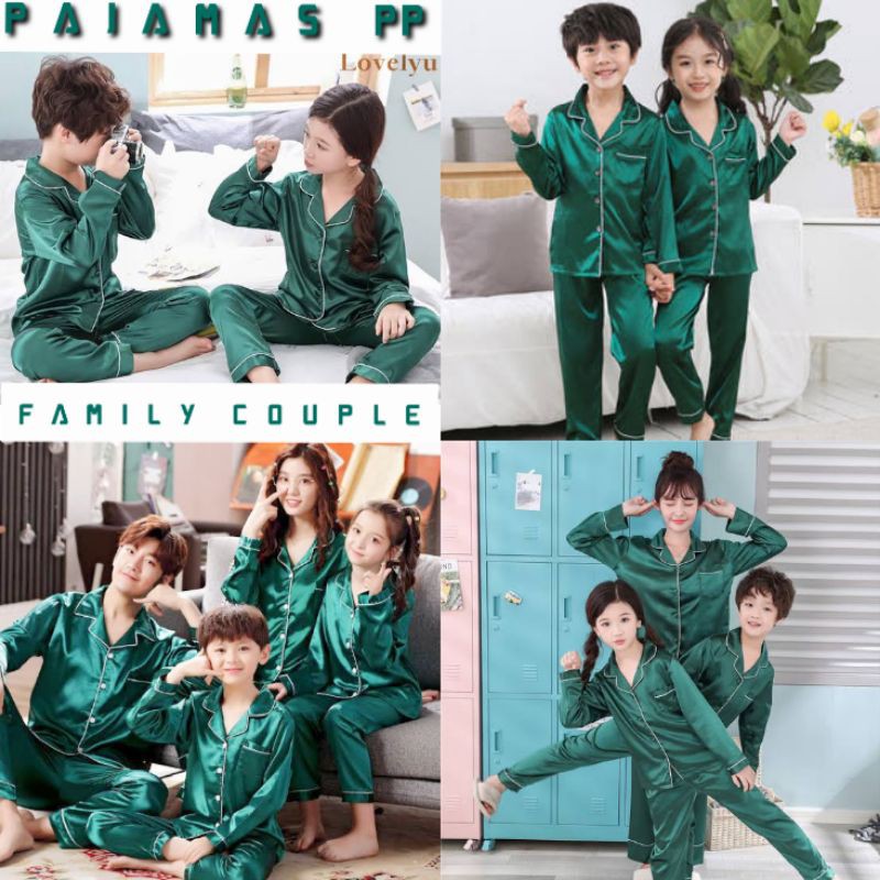 baju tidur set couple lengan panjang setelan piyama celana satin polos tosca piama anak dan ibu