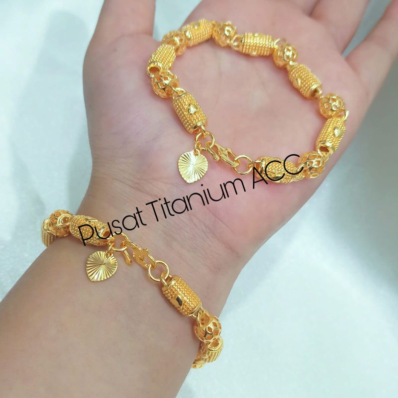 GELANG BAMBU TABUNG UKIR BOLA+CINCIN PERHIASAN LOGAM KOREA ANTI KARAT & ANTI LUNTUR 316