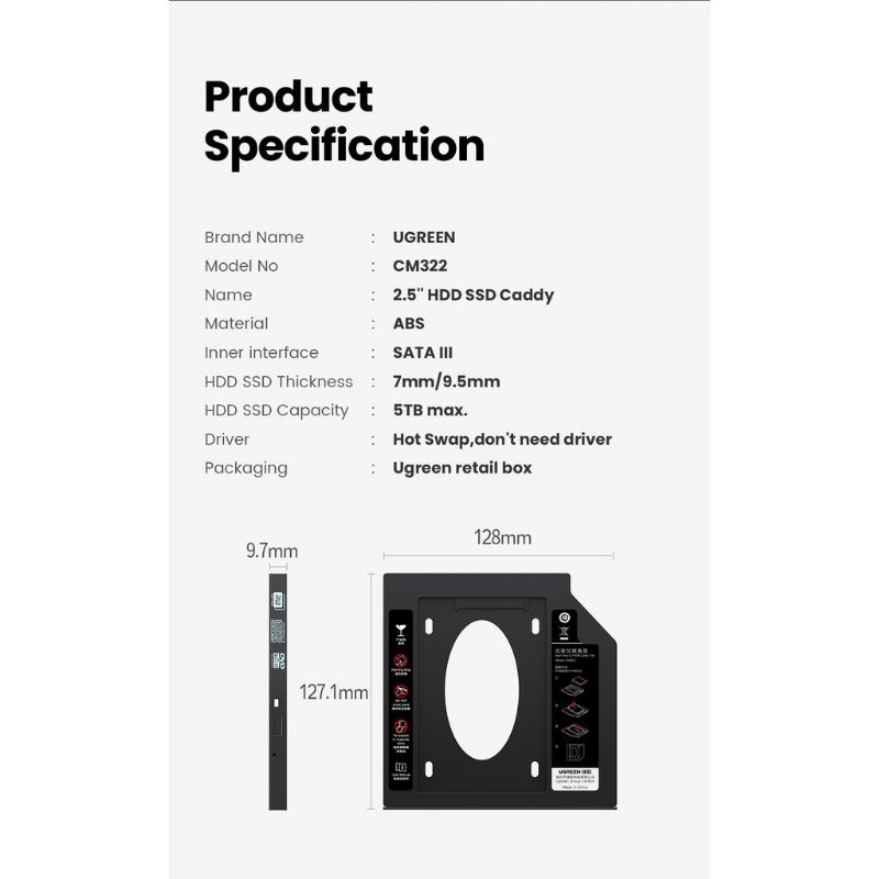 UGREEN HDD CADDY SSD 2,5&quot; SATA III 9,5mm 5TB untuk 2,5&quot; Laptop