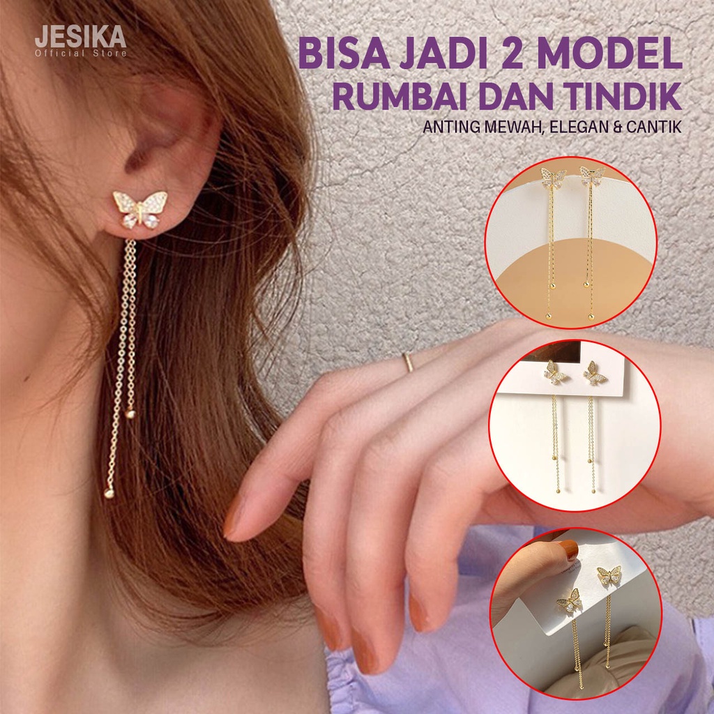 Anting korea wanita kupu panjang model tusuk tindik gantung rumbai untuk cewek earring cantik mewah elegan aesthetic