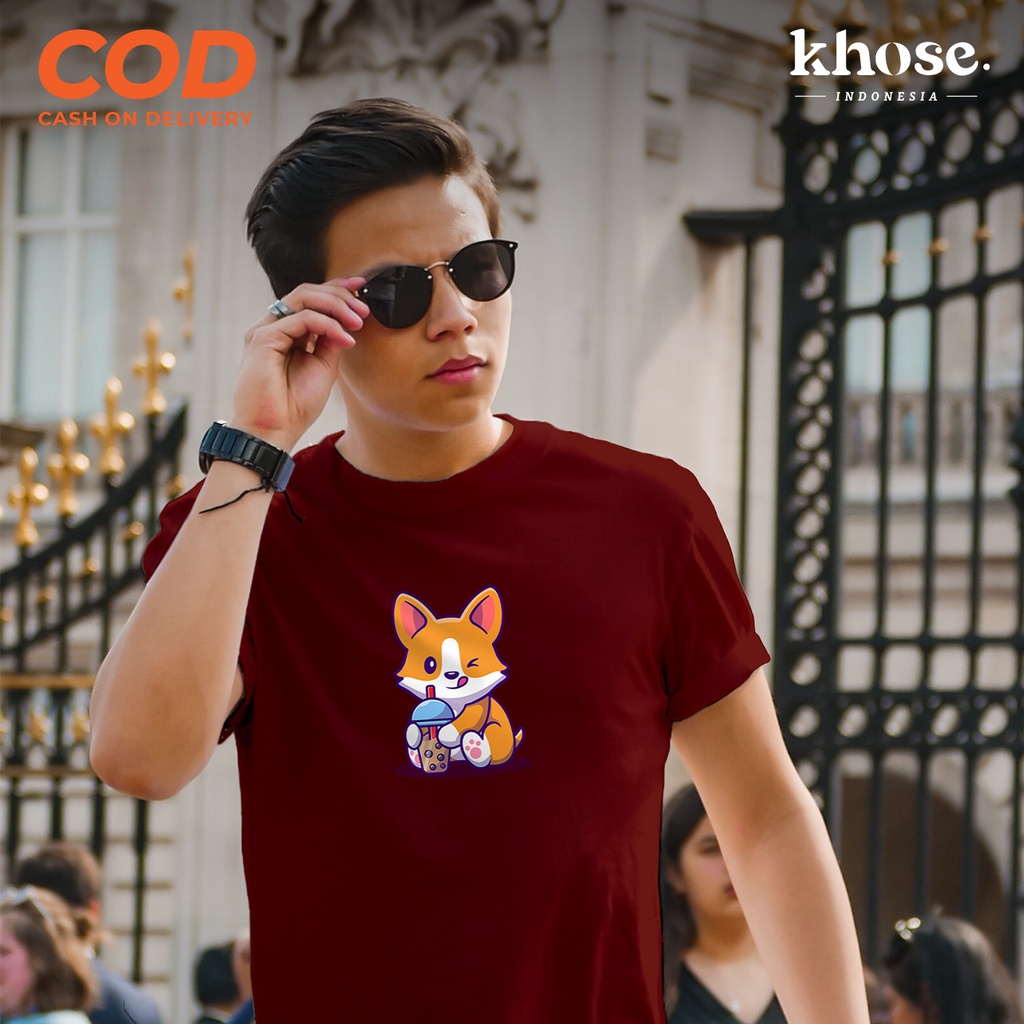 KHOSE Kaos Sablon Digital Corgi Boba KODE S-08 /Kaos Murah /Kaos Couple Custom /Kaos Oversize