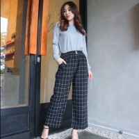 Korea tartan pants hightwaist celana wanita kulot celana kotak kotak wanita