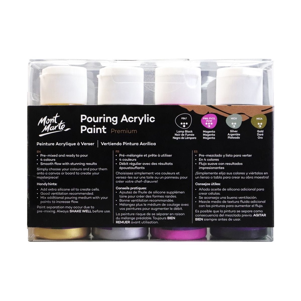 Mont Marte Pouring Acrylic Paint Set Premium 4pc x 60ml (2oz) - Cosmic