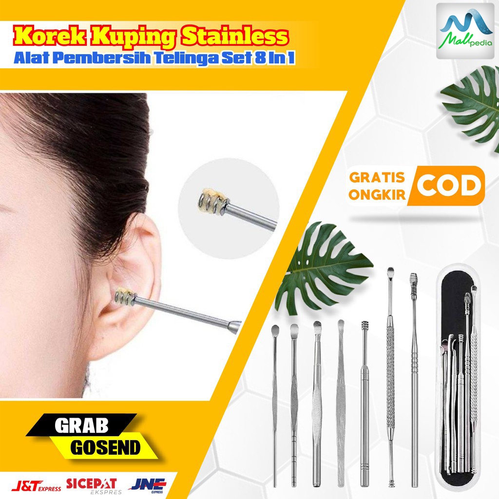 MPro2 Alat Pembersih Telinga Korek Kuping Stainless Earpick Cleaner Ear Wax Picker 8 Pcs Komplit Set 8 in 1 box