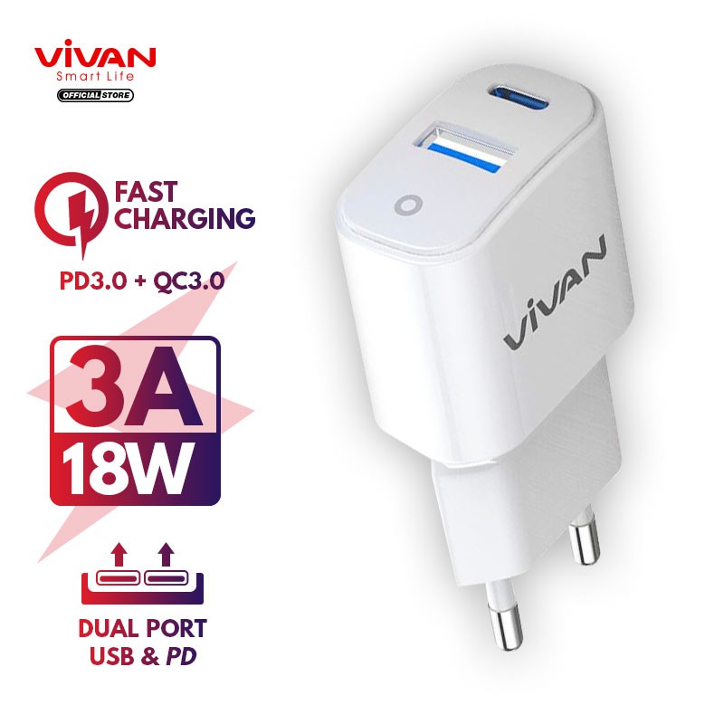 Charger VIVAN Power Super Fast Charging Dual Port USB (QC3.0) &amp; Type-C (PD) 3A 18W Garansi 1 Tahun