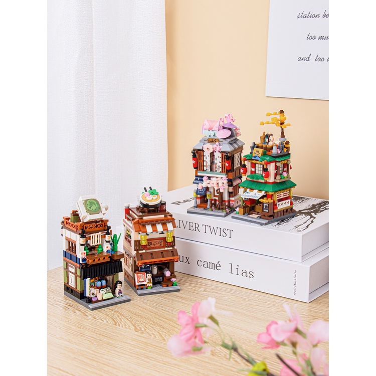 【COD】Mini Block Street DIY Mainan Blok Bangunan Mini Baru Gaya Jepang Blok Bangunan Ramen Canteen/Matcha Shop/412pcs/379pcs