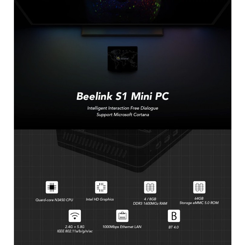 BEELINK S1 Mini PC N3450 4G DDR3 64G eMMC WIFI 1000M LAN SATA 3.0 Type C