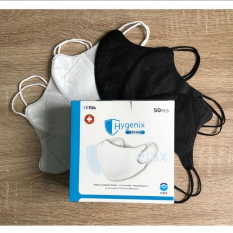 Masker Duckbill Hygenix 3ply earloop (EMBOS), Hrg 50pcs/box